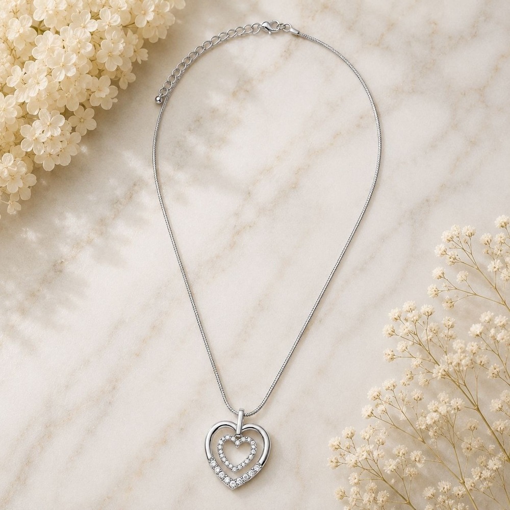 Double Heart Necklace Made with Swarovski Crystal Silver Tone Pendant 18in Chain